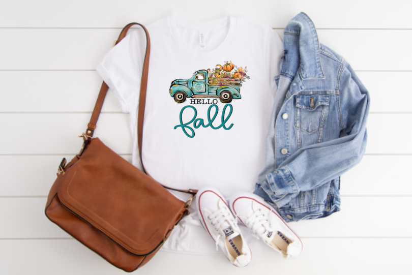 Hello Fall with teal truck Sublimation Transfer