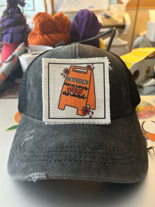 Caution Anxious Girly Hat Patch