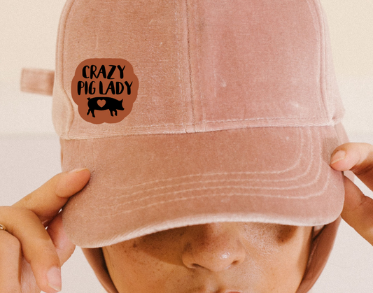 Crazy Pig Lady Small Leatherette Hat Patch