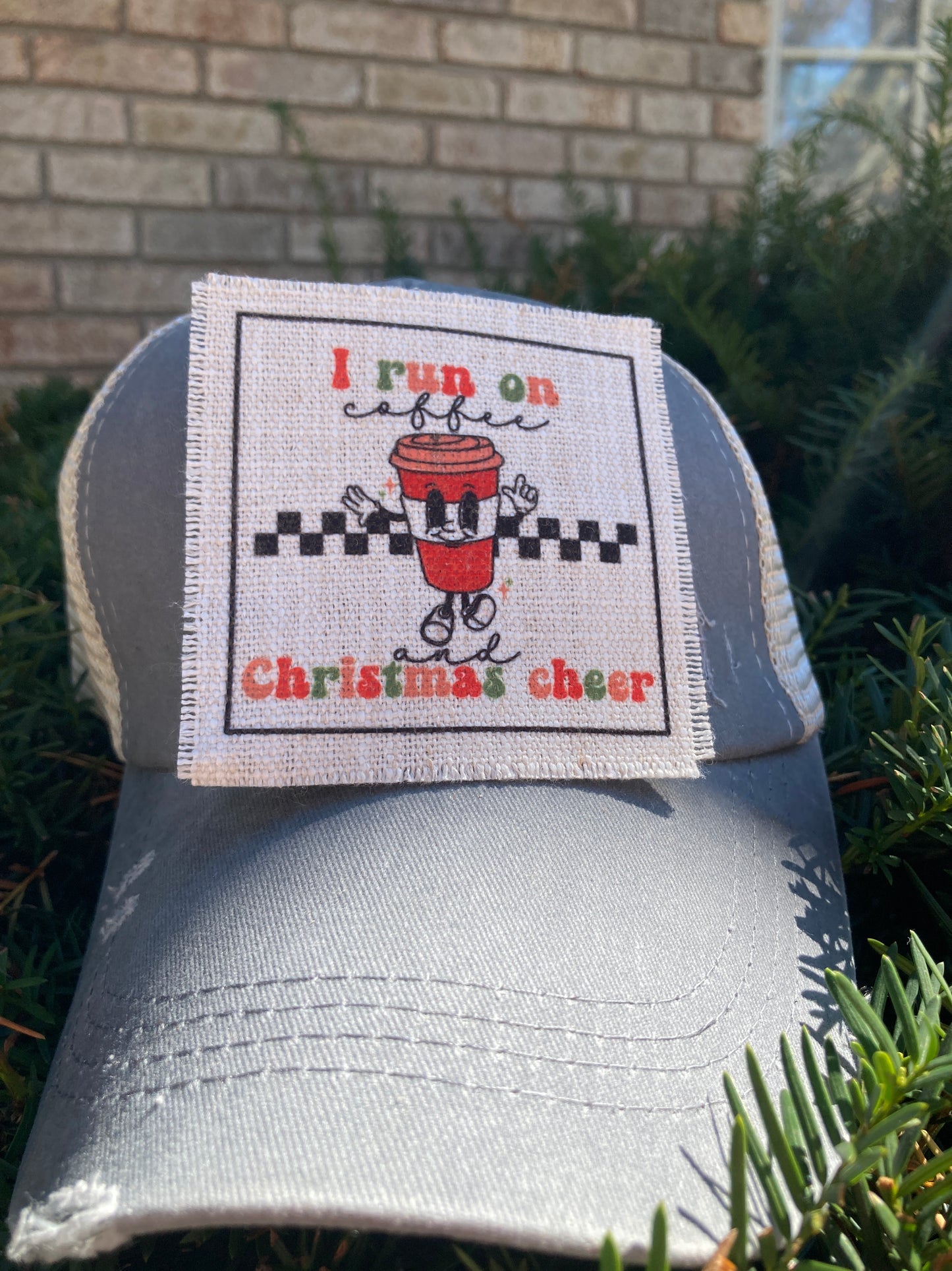 I Run on Coffee and Christmas Cheer Smiling Coffee Hat Patch
