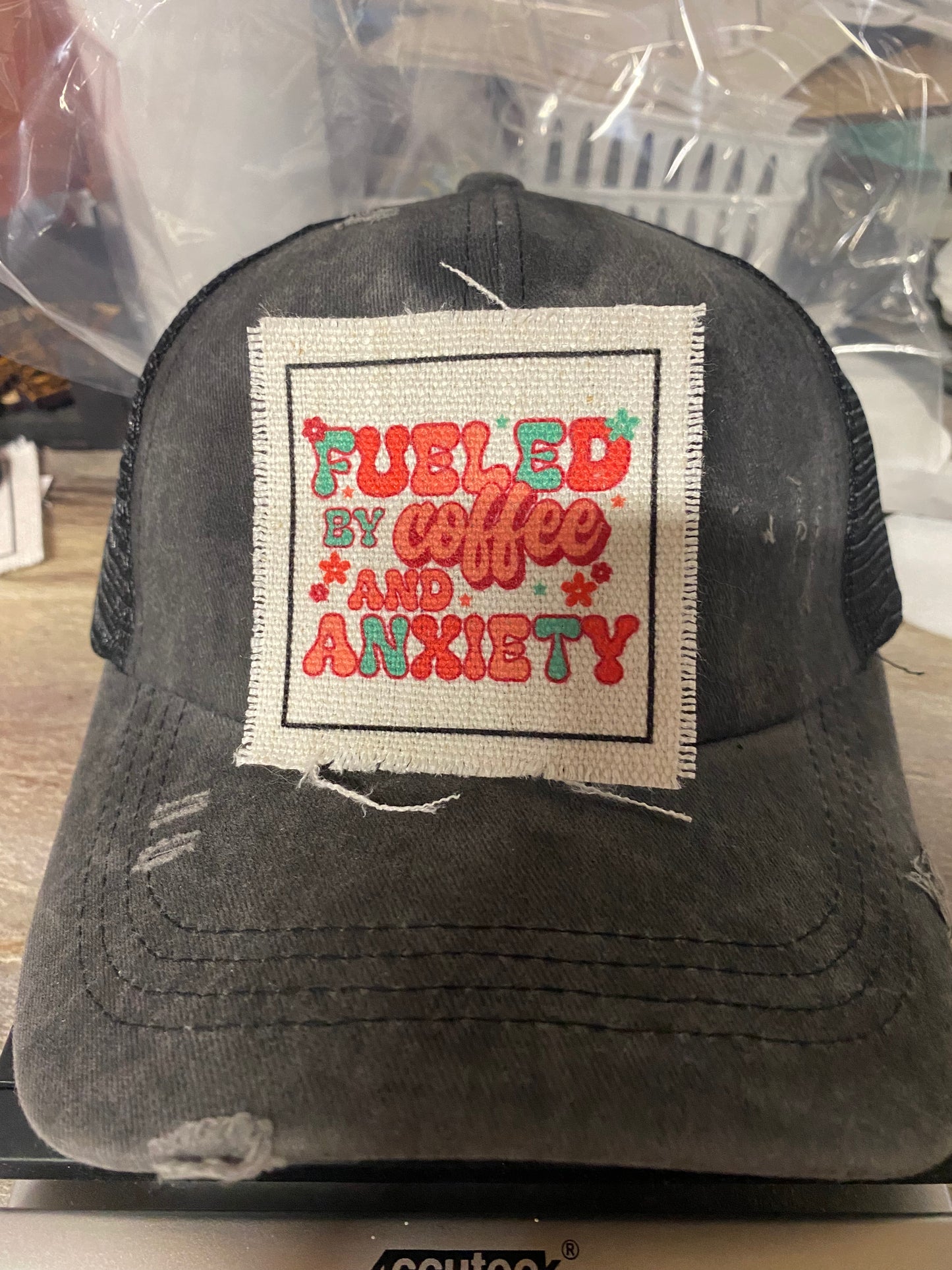 Fueled By Coffee And Anxiety Pink and Teal Hat Patch