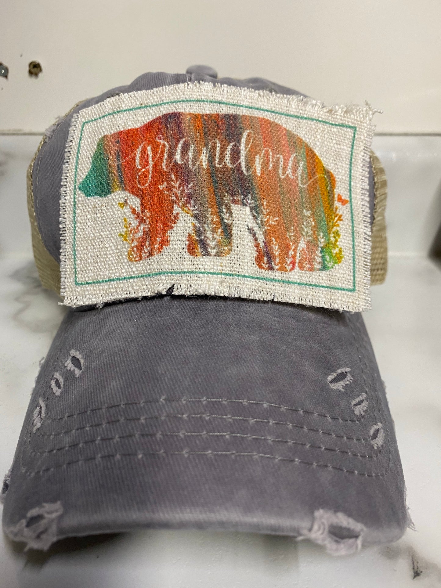 Grandma Bear Floral Hat Patch