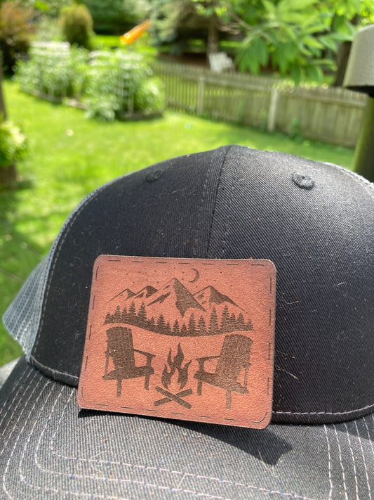 Outdoor Fire Scene Adirondacks Leatherette Hat Patch