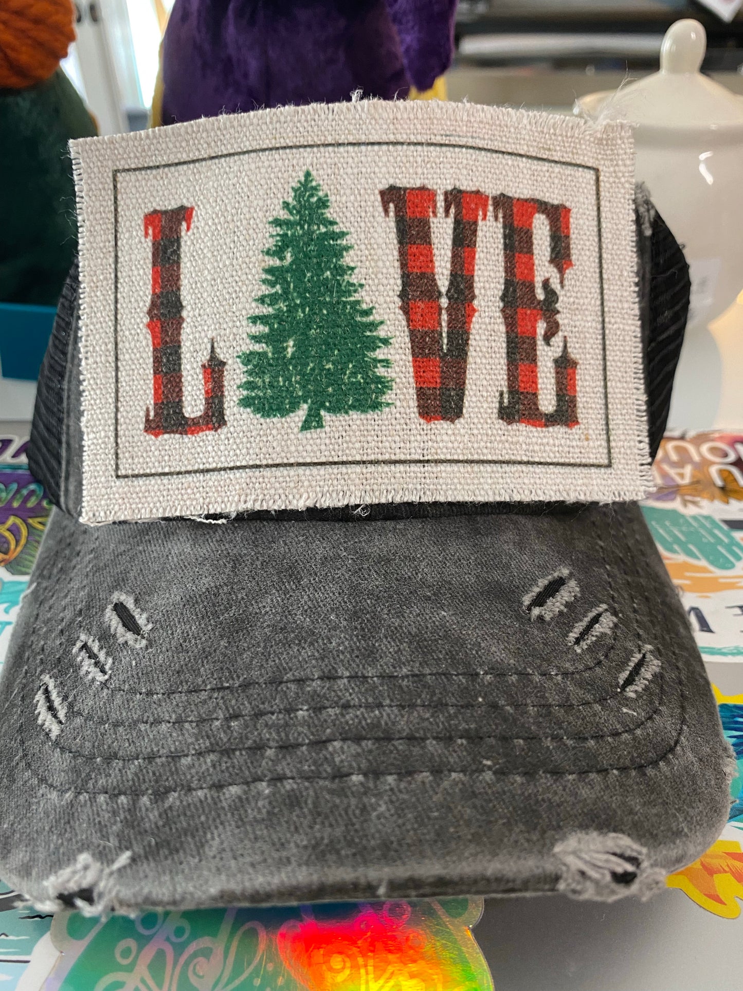 Love plaid with tree Hat Patch