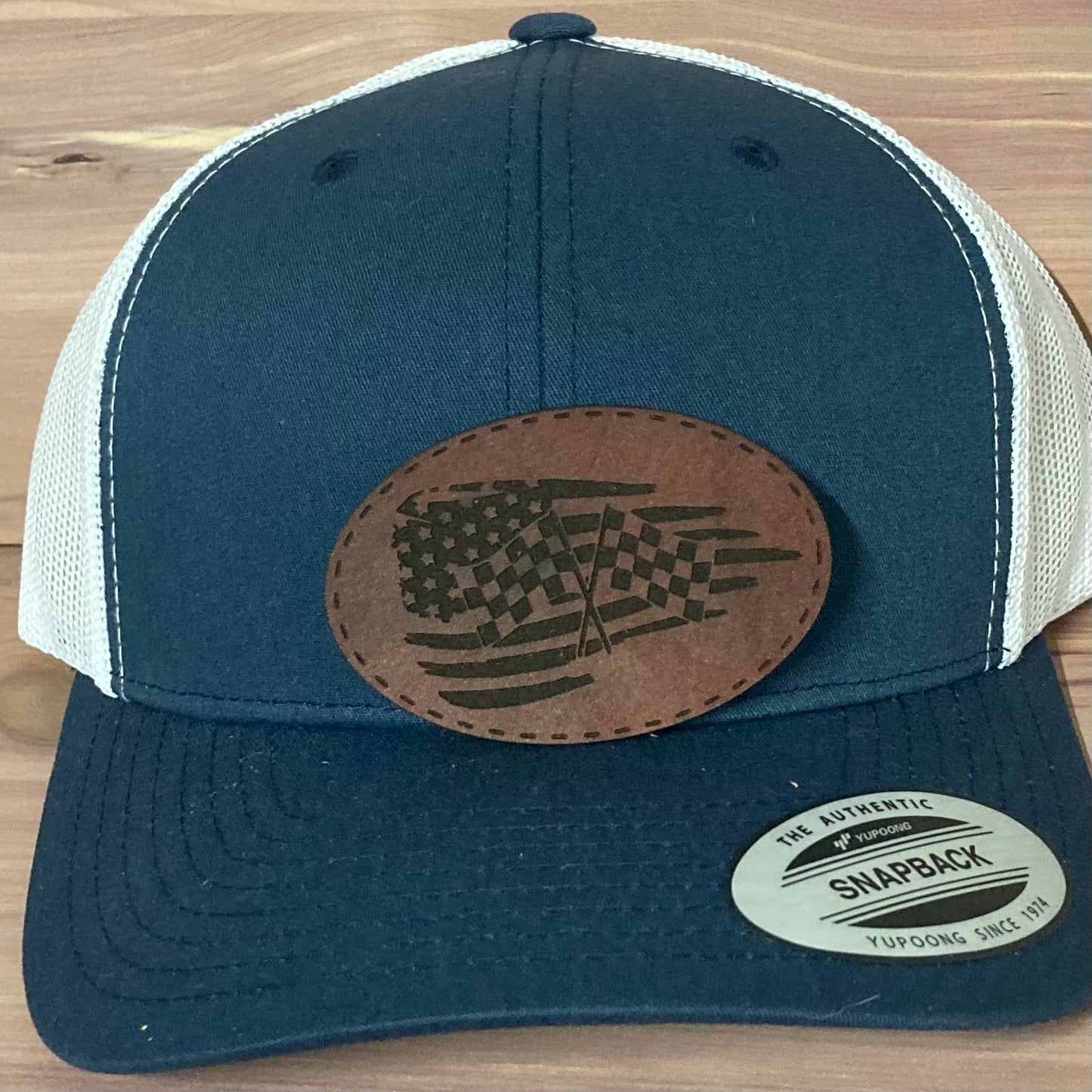 Checkered Flag American Flag Leatherette Hat Patch
