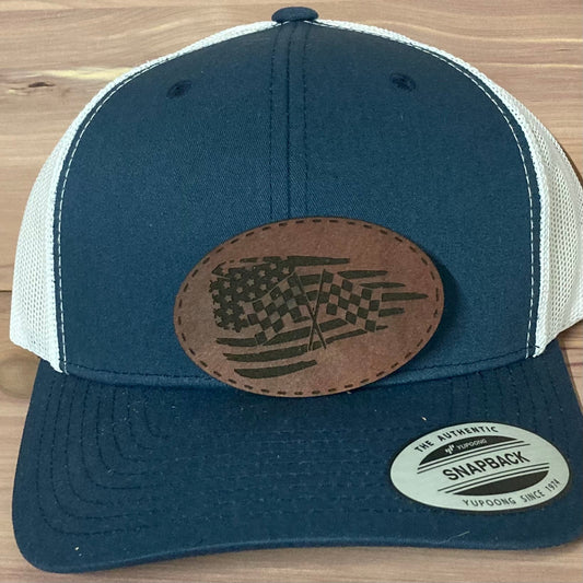 Checkered Flag American Flag Leatherette Hat Patch