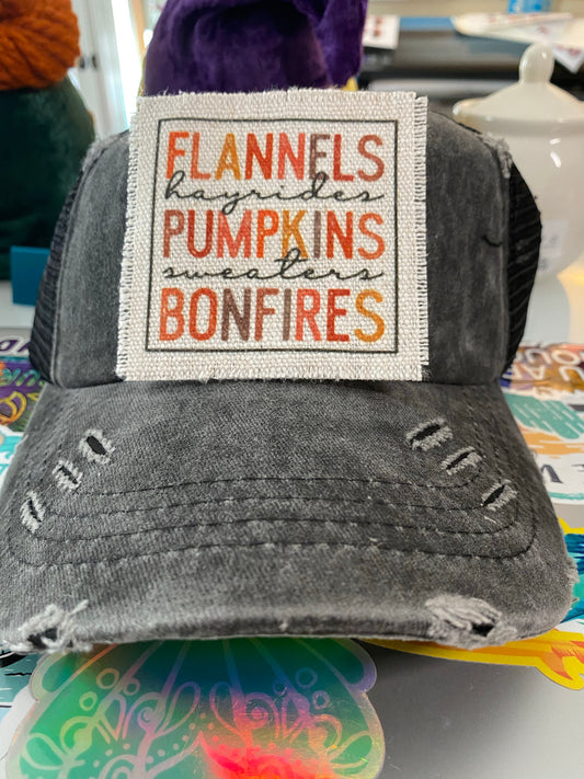 Flannels Hayrides Pumpkins Sweaters Bonfires Hat Patch