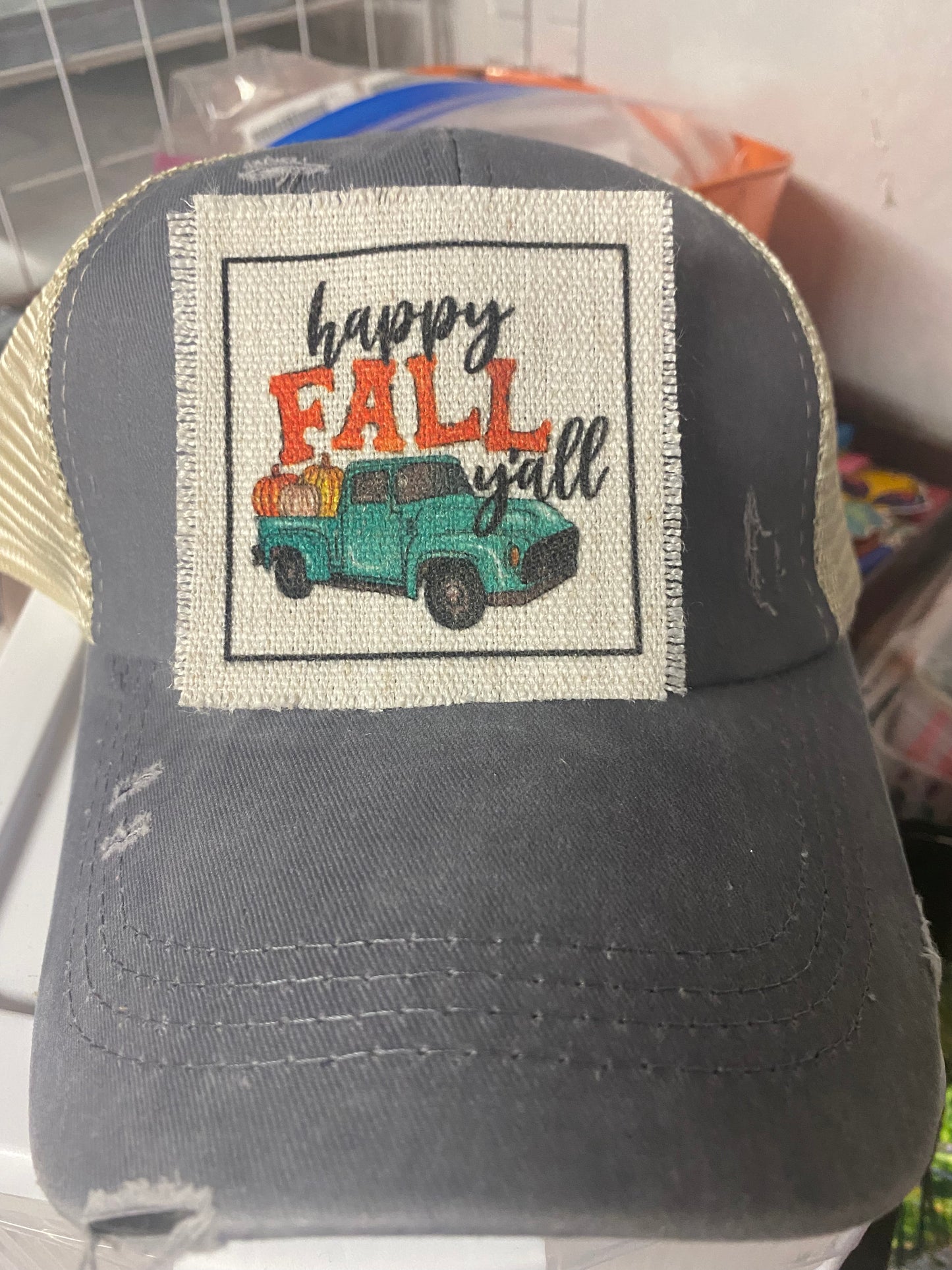 Happy Fall Orange and Teal Truck Hat Patch