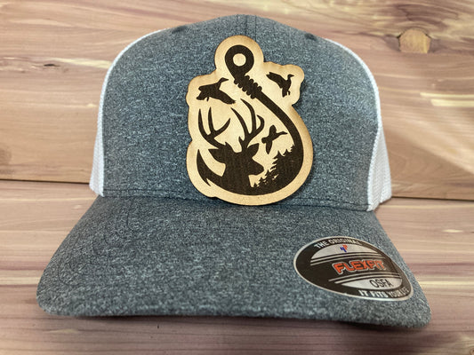 Fishing Hunting Hook Leatherette Hat Patch