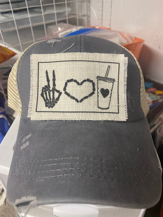 Peace Love Coffee Skelton Hat Patch