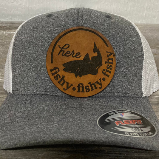 Here Fishy Fishy Leatherette Hat Patch