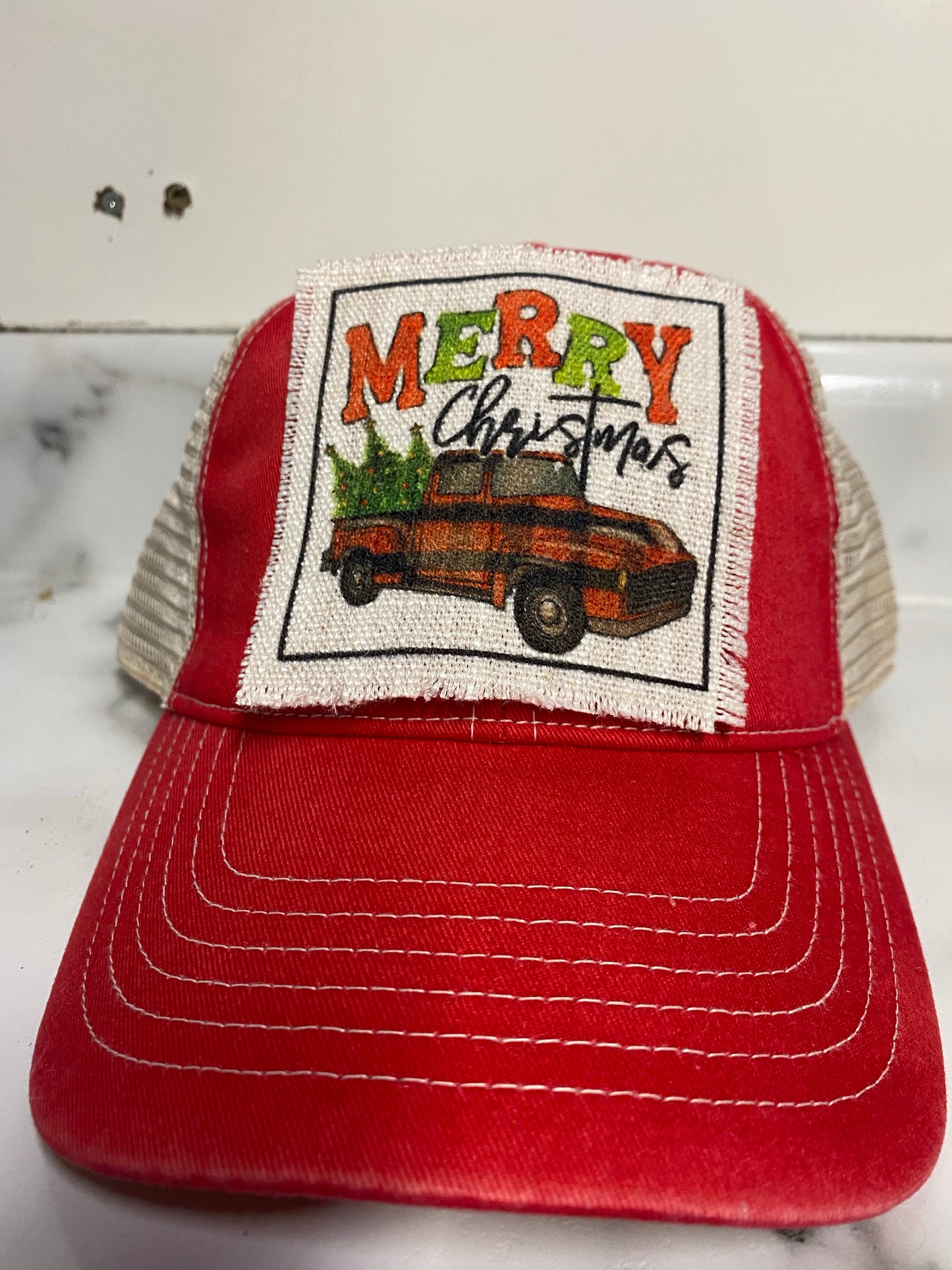 Merry Christmas Plaid Truck Hat Patch