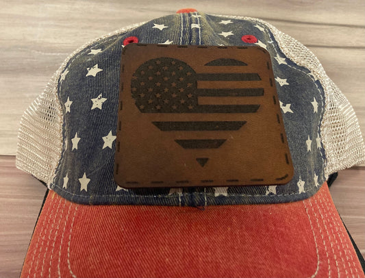 Heart American Flag Leatherette Hat Patch