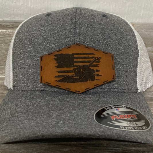 Combine Harvester Tractor US Flag Leatherette Hat Patch