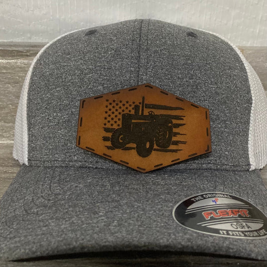 Farm Tractor US Flag Leatherette Hat Patch