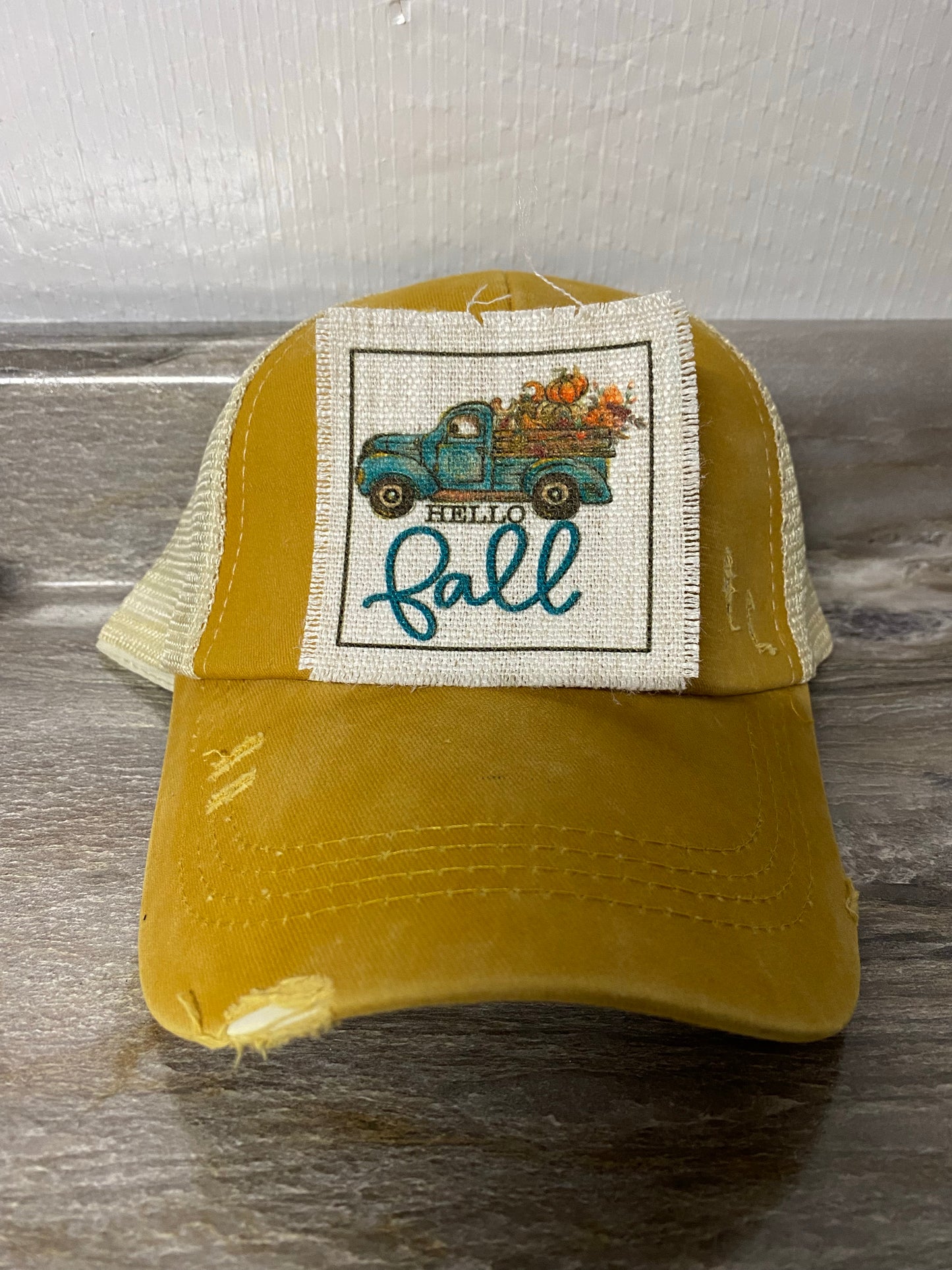 Hello Fall with Teal Truck Hat Patch