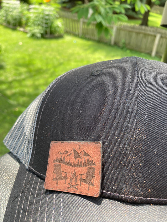 Outdoor Scene with Fire and Adirondack Small Leatherette Hat Patch