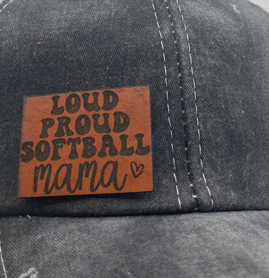 Loud Proud Softball Mama Small Leatherette Hat Patch
